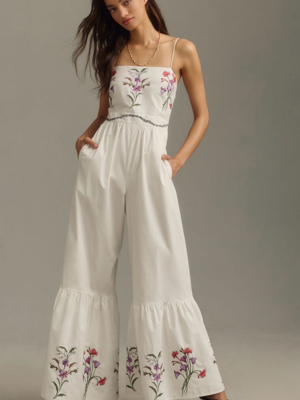 Hutch White Wide-Leg Embroidered Floral Jumpsuit